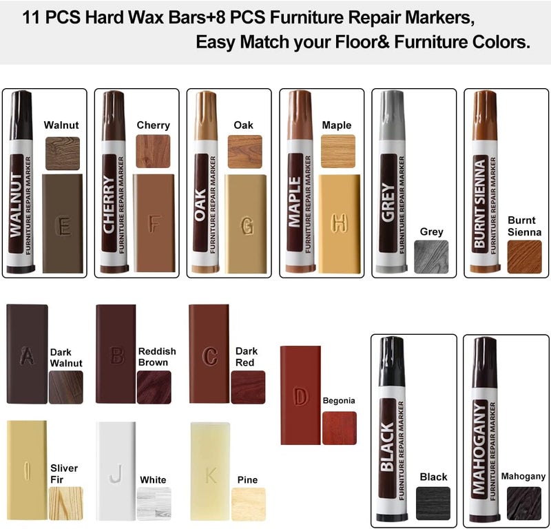 Karidge Laminate Vinyl Floor Repair Kit with Heat Pen, 11 Colors Hardwood Floor Wax Wood Furniture Touch up Marker Linoleum Lvp Repair Kit Covers Scratches, Stains, Cracks, Holes for Floor, Door, Cabinet - Image 2
